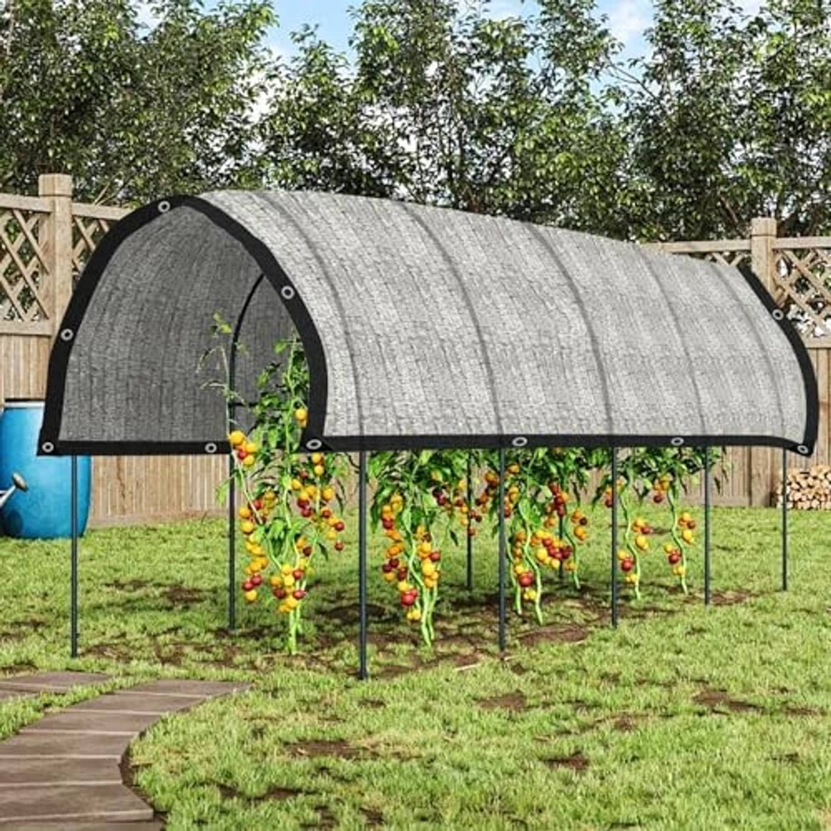 Gray tunnel-style aluminum shade cloth tarp with curved roof and grommeted frame poles