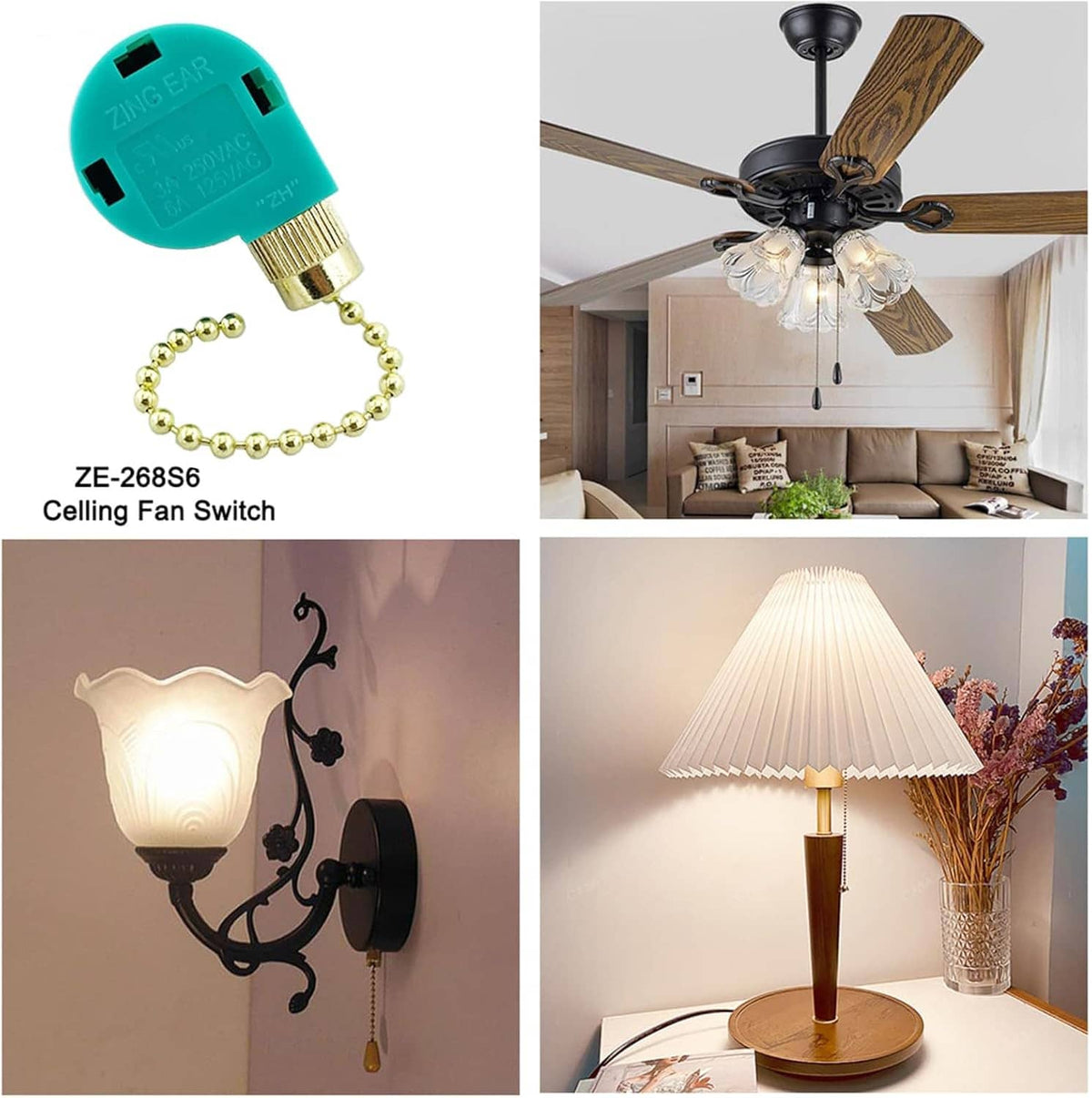 Ceiling fan pull chain switch teal housing with brass bead chain shown in use