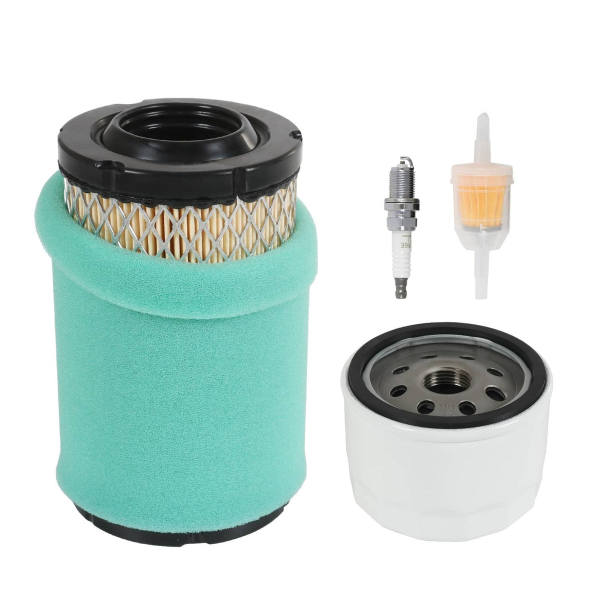 Lawn mower air filter and oil filter kit with spark plug and fuel filter