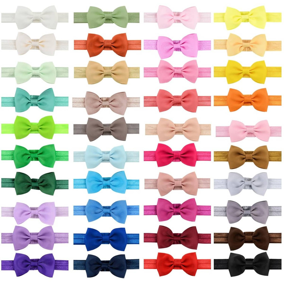 Assorted baby bow headbands in many solid colors, neatly arranged