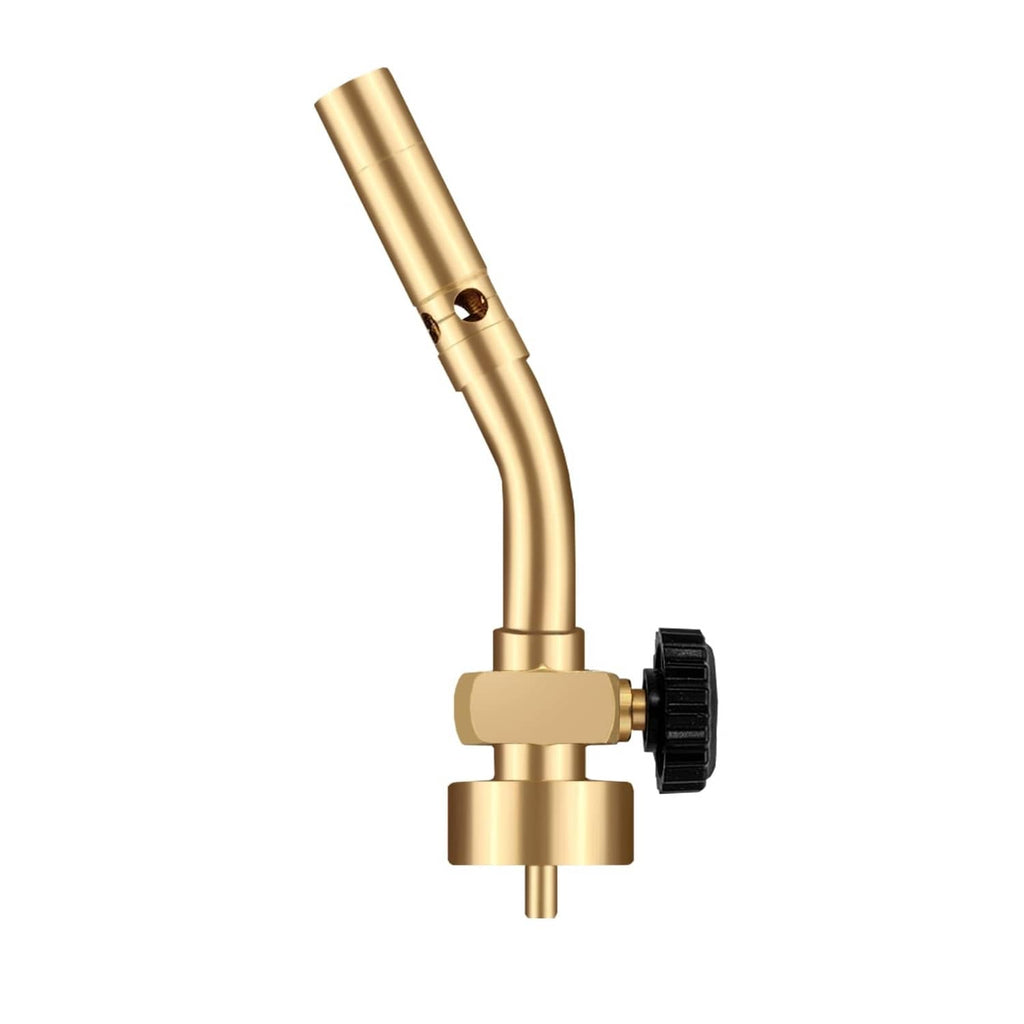 Solid brass propane torch head with curved nozzle and manual ignition control knob