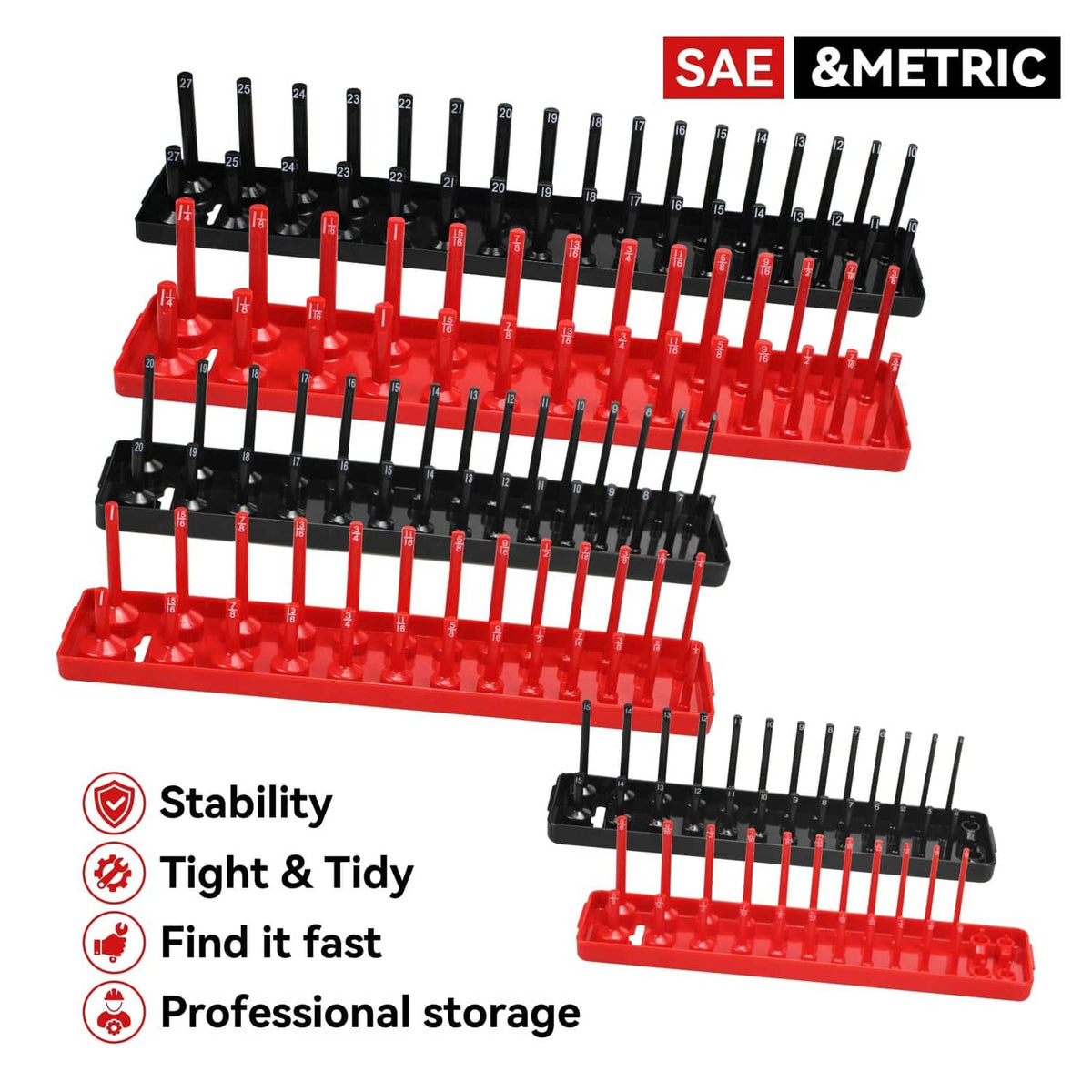 Red and black SAE & metric socket organizer trays with sockets