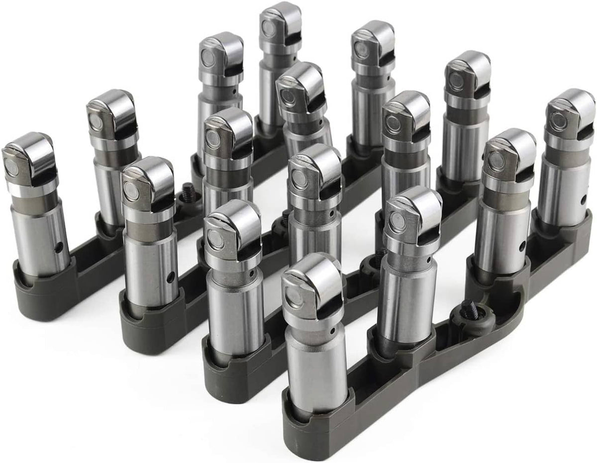 Hydraulic lifter set in a row on black base, chrome cylinders with hex tops