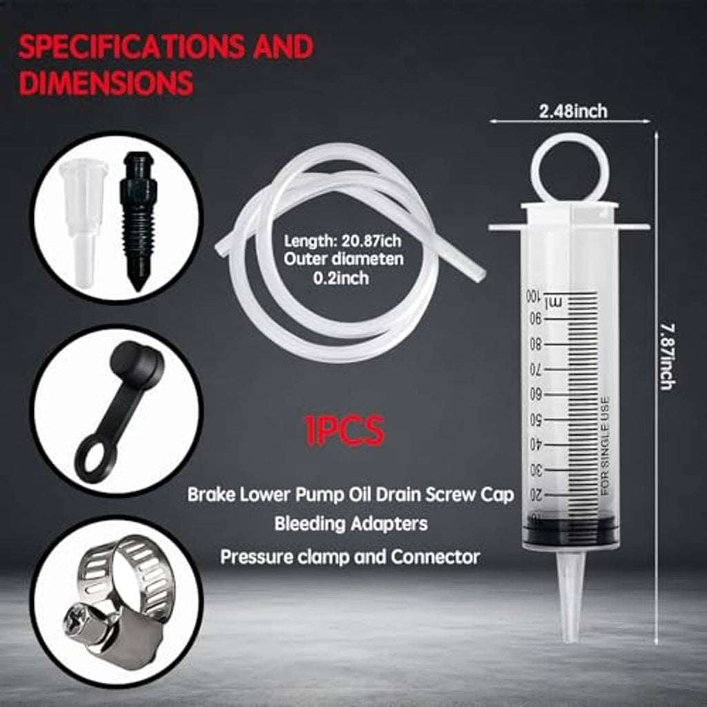 Brake bleeder hose kit with clear tubing, measuring cylinder, and bleed adapter nozzles