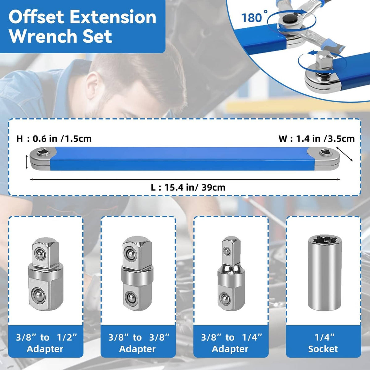 Blue offset extension wrench with socket and multiple hex adapters, size diagram shown