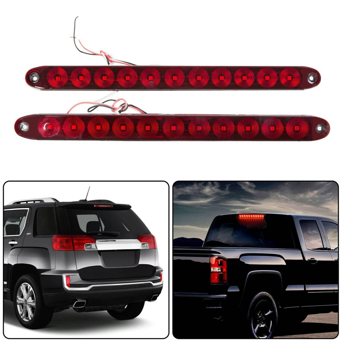 Red LED trailer light bar strips, top and bottom views showing black mounting studs