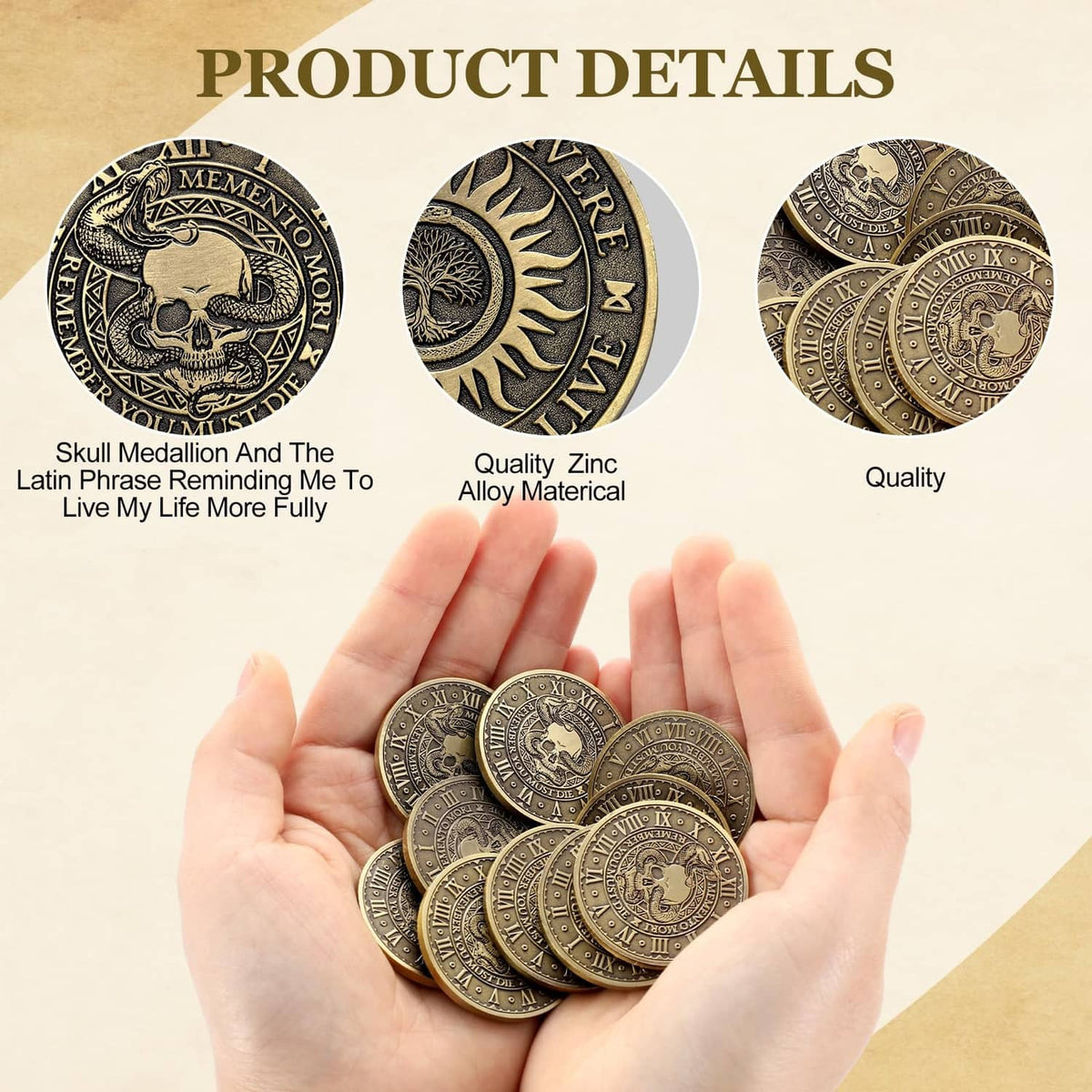Copper memento mori coins with skull medallion and circular detail close-ups