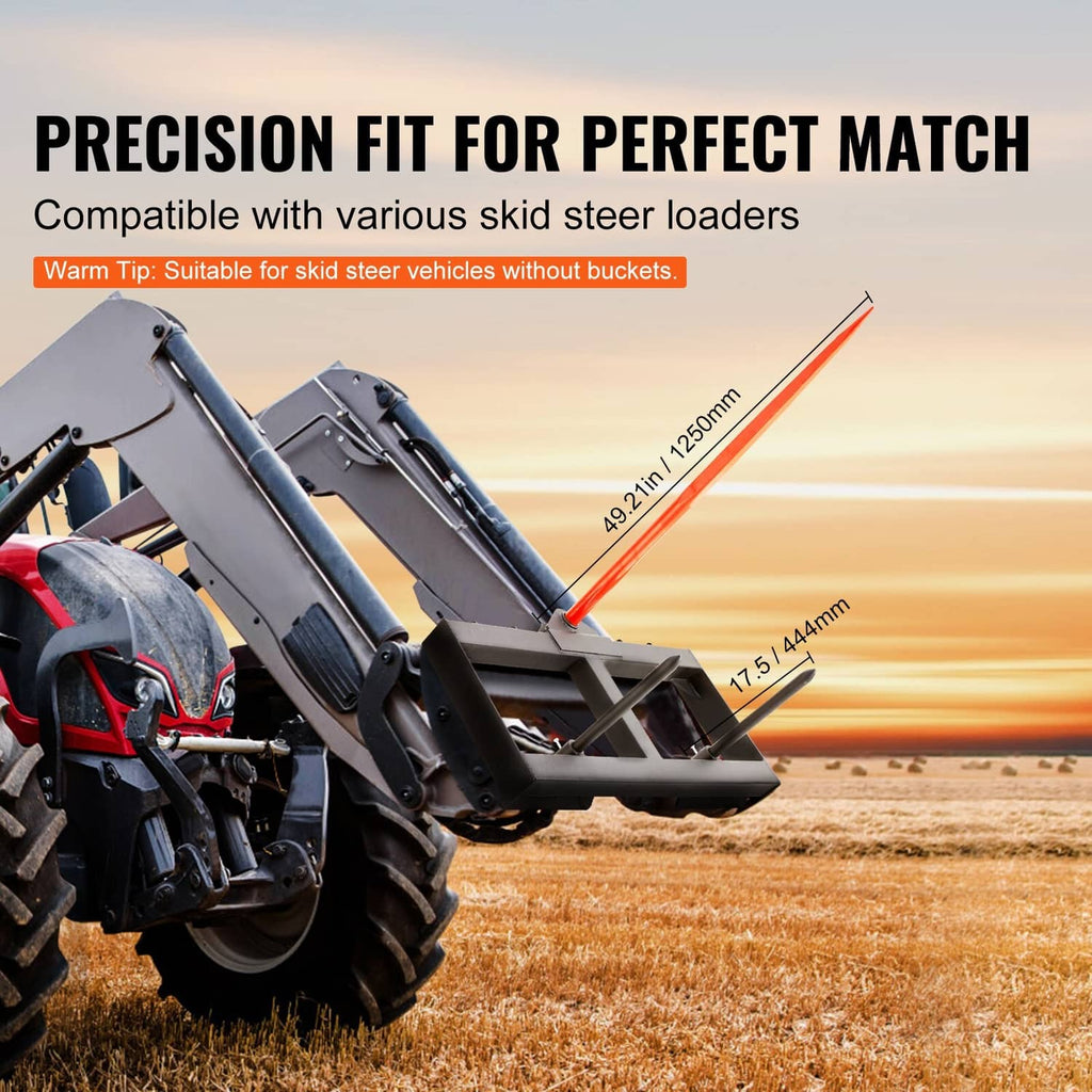 Hay spear bale attachment on skid steer arms, black frame with orange spear point