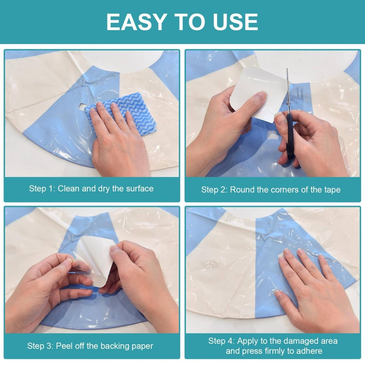 Step-by-step transparent repair tape use: clean, round corners, peel, and press on.
