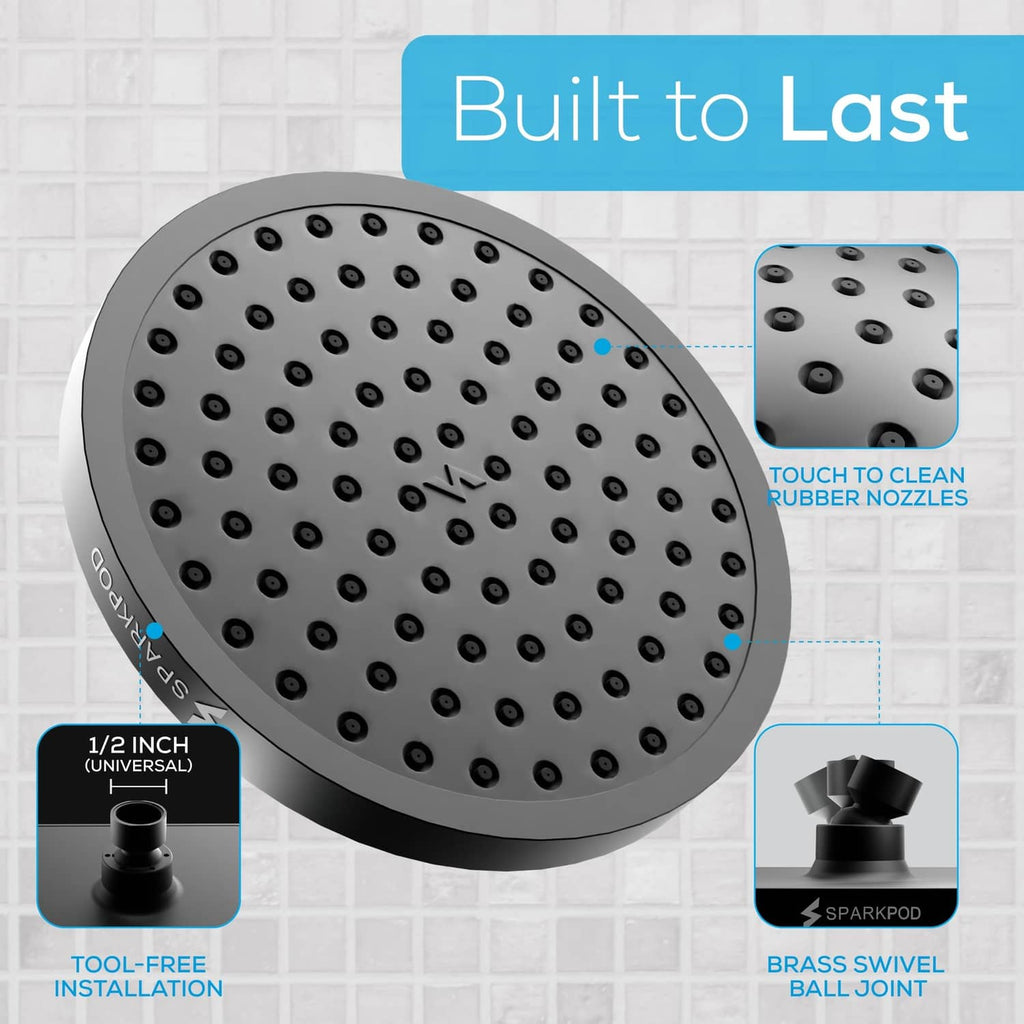 Round rain shower head underside with touch-clean rubber nozzles