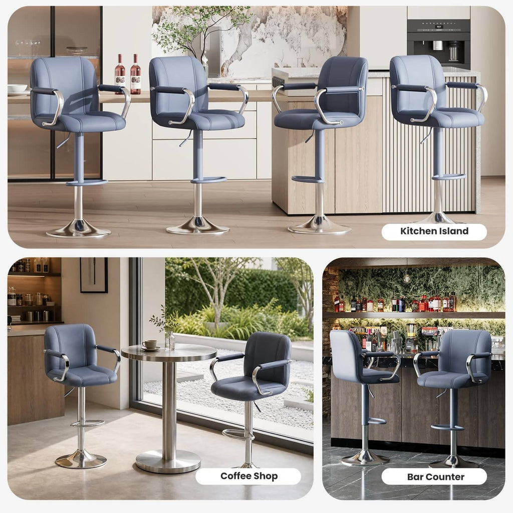 Set of 2 blue counter-height stools with backs and chrome footrests
