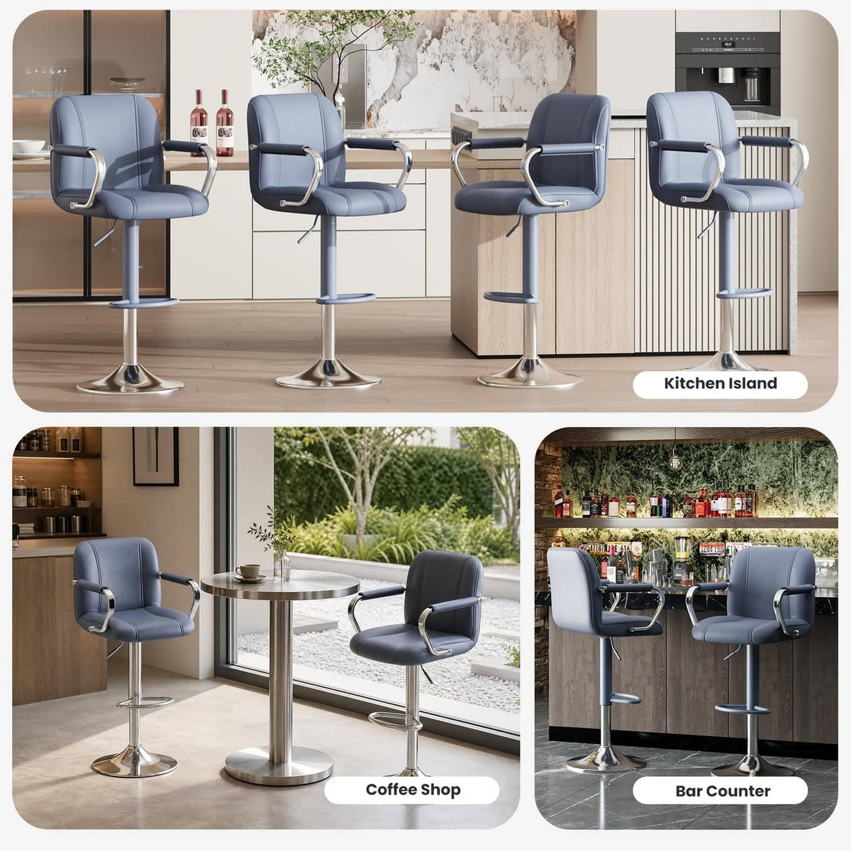 Set of 2 blue counter-height stools with backs and chrome footrests