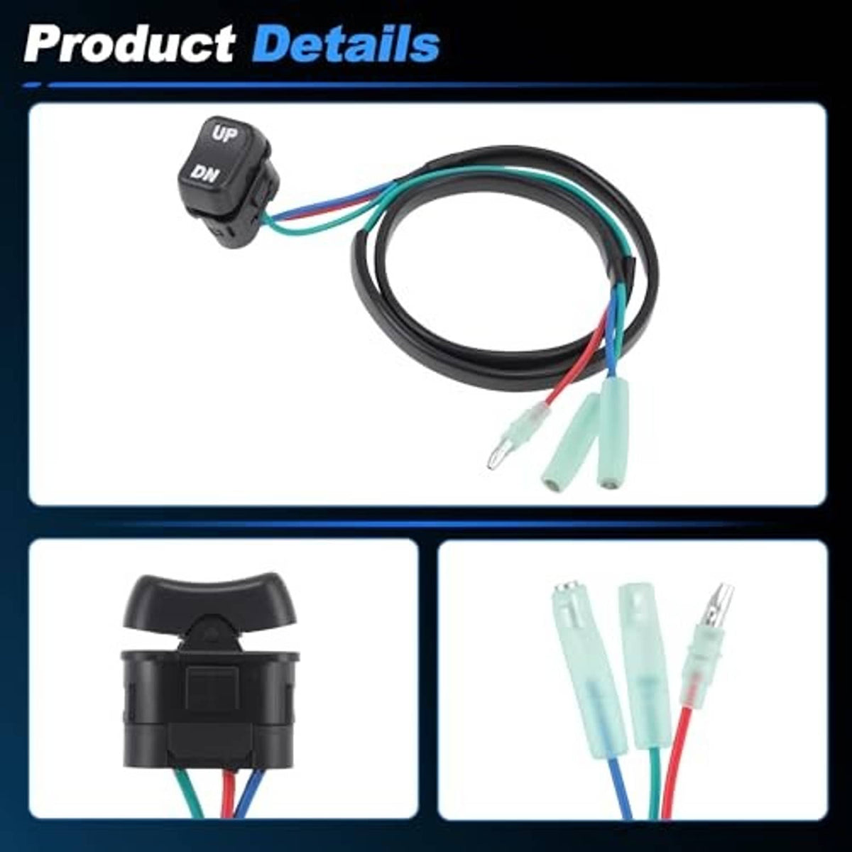 Trim tilt switch kit with black UP/DN switch, looped cable, and light-green connectors