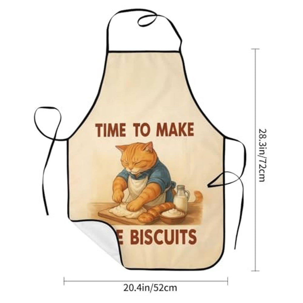 Beige chef bib apron with cat and biscuits graphic; rounded top and neck tie