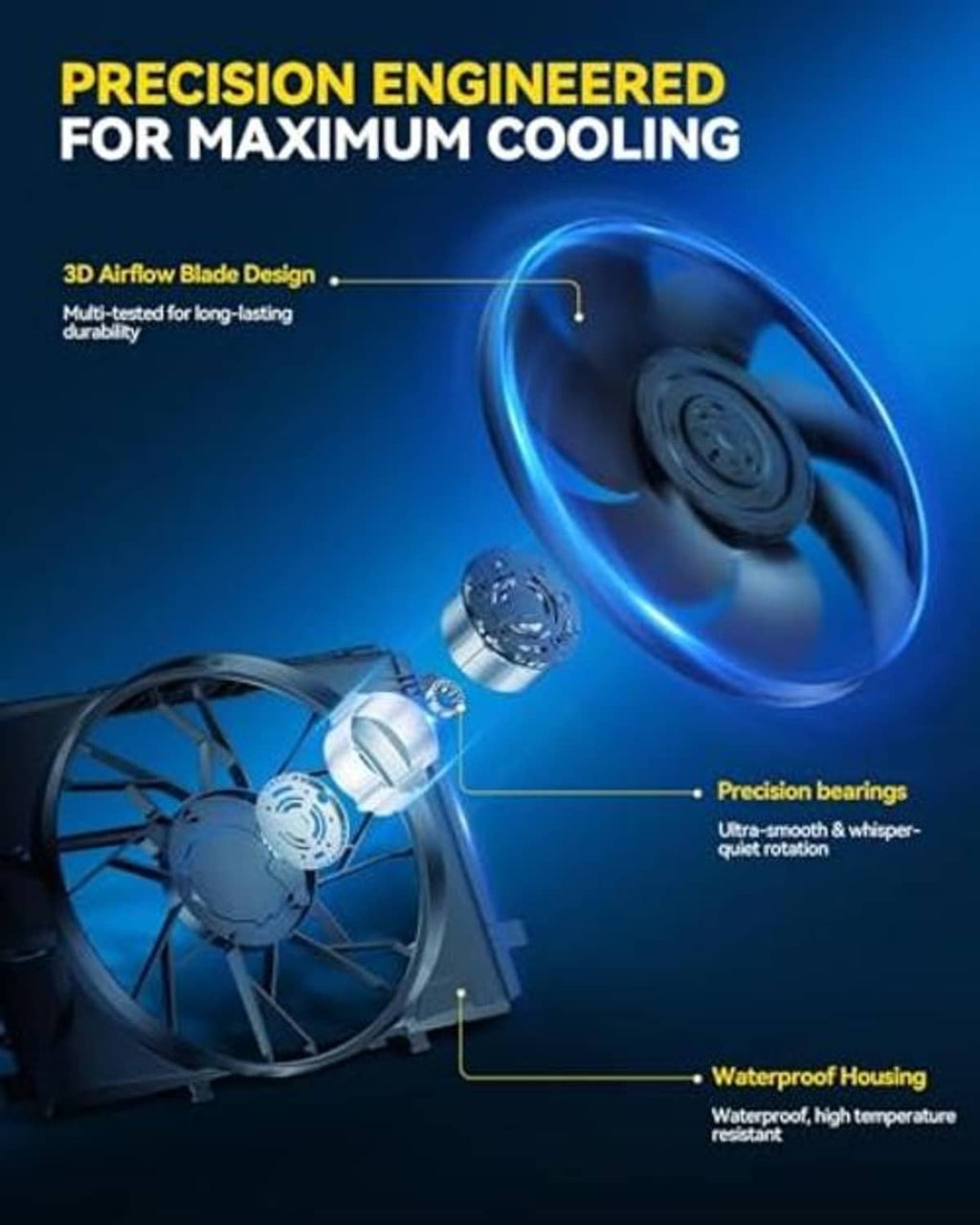 Radiator cooling fan assembly with 5 airflow blades and circular motor hub