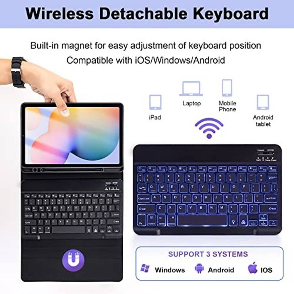 Backlit wireless detachable keyboard case with blue glowing keys on tablet stand