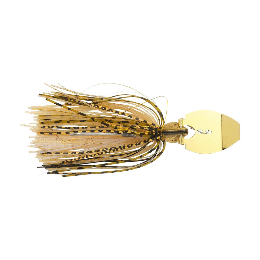 Bladed fishing jig lure with gold-and-brown skirt strands and spinner-style head blade
