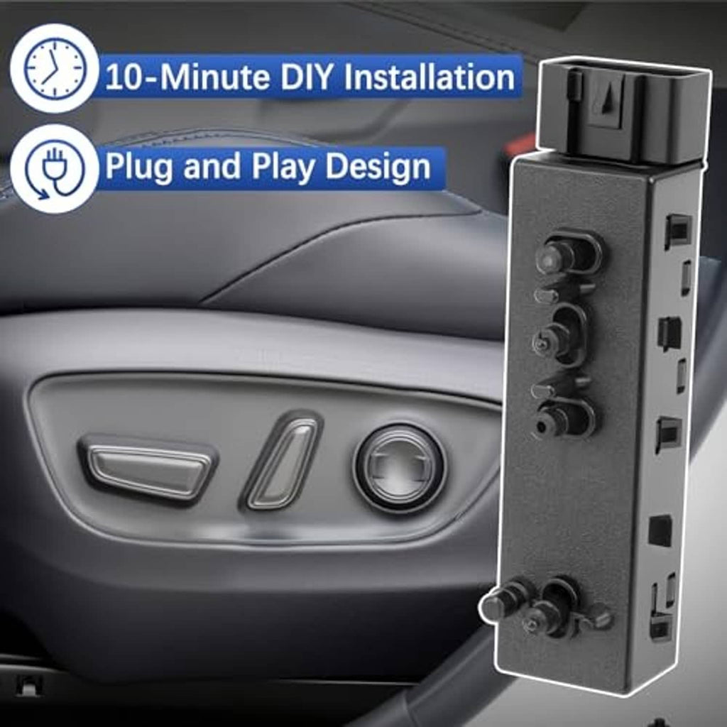 Power seat switch module beside car door panel with multi-button control housing, dark gray.