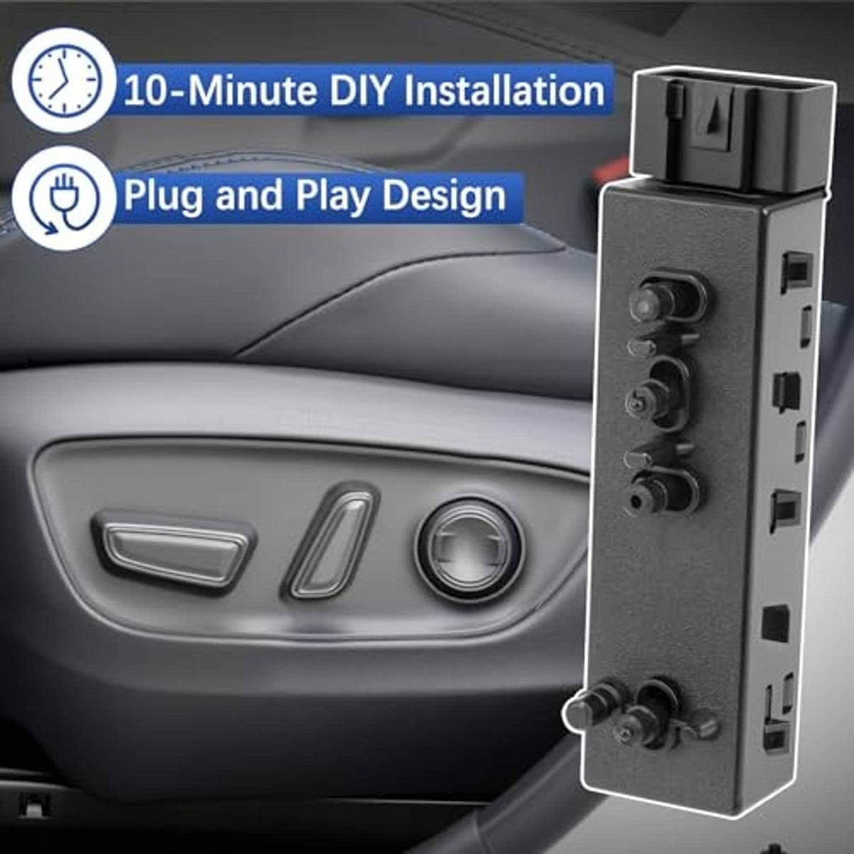 Power seat switch module beside car door panel with multi-button control housing, dark gray.