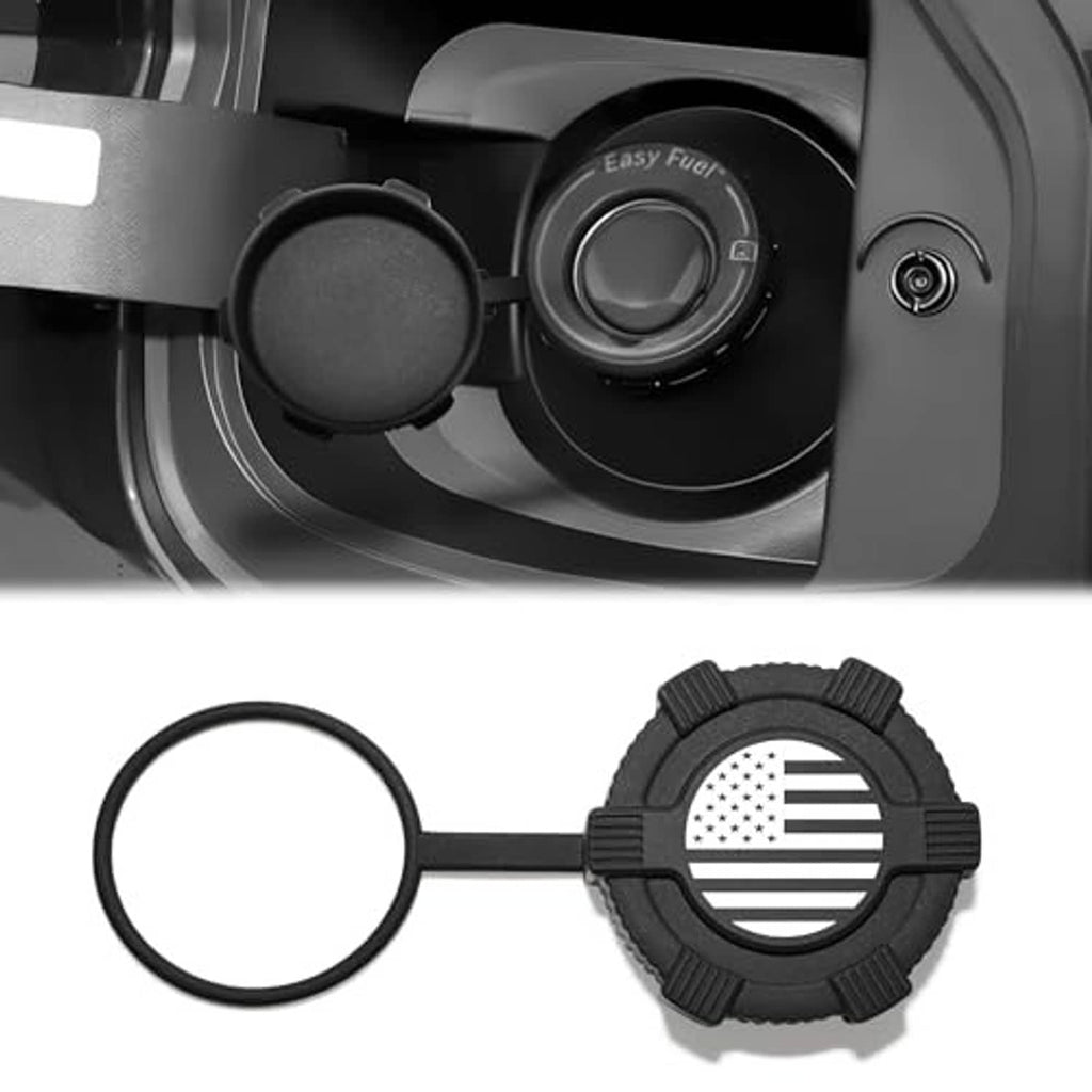 Black fuel tank dust cap accessory with U.S. flag graphic and rubber sealing ring