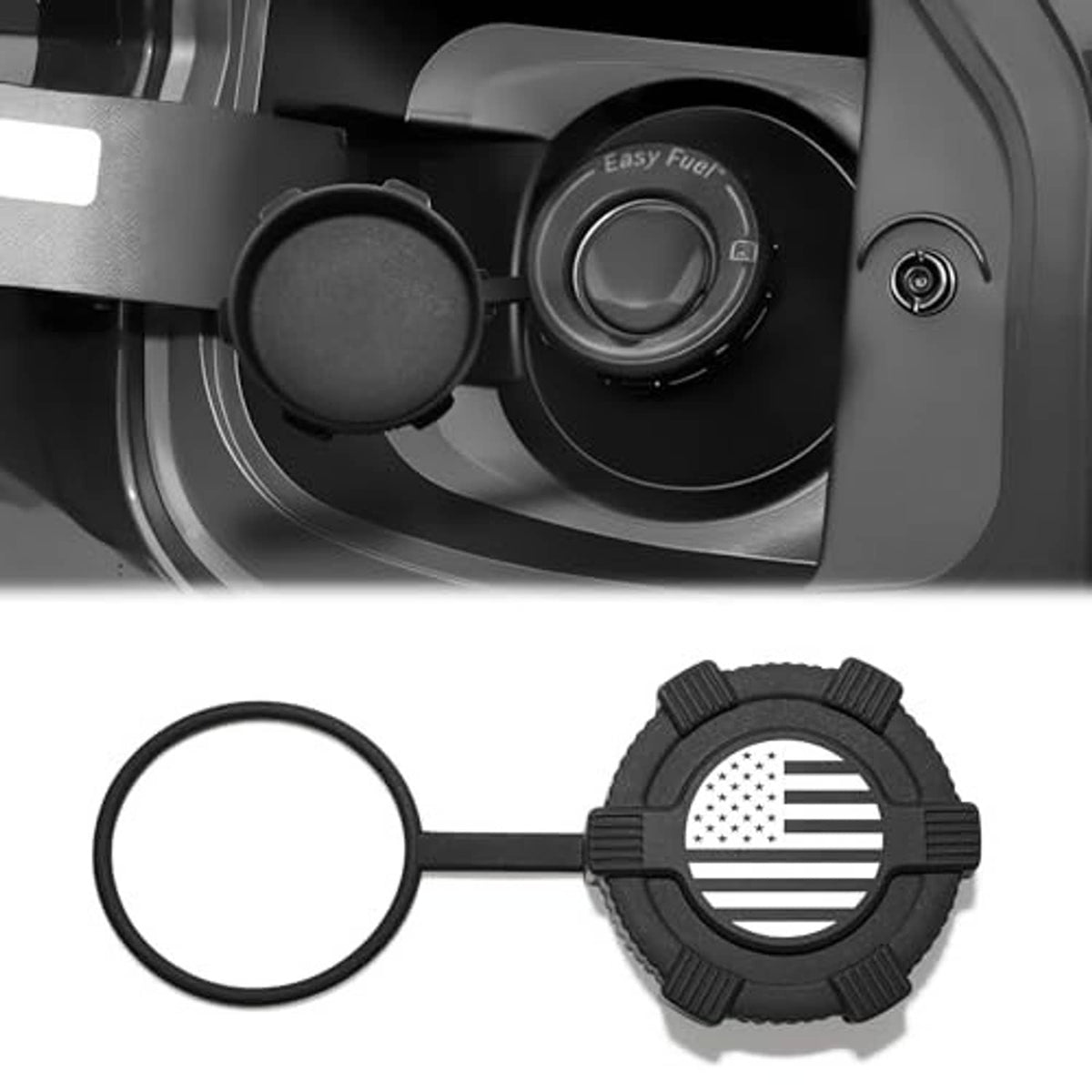 Black fuel tank dust cap accessory with U.S. flag graphic and rubber sealing ring