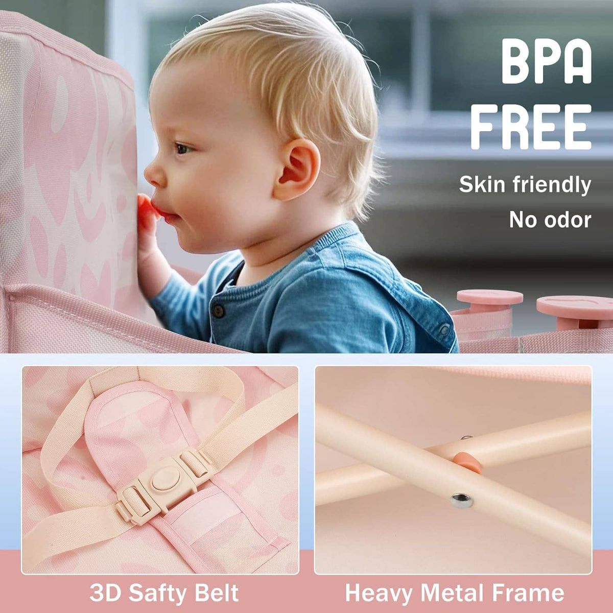 Pink patterned portable baby chair with front tray and visible safety belt