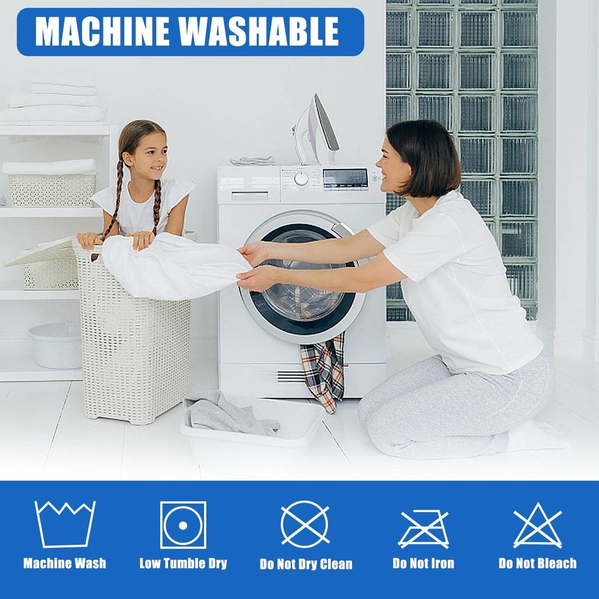White waterproof mattress protector with machine-wash care symbols