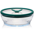 Clear round glass food storage container with dark green silicone lid, medium size