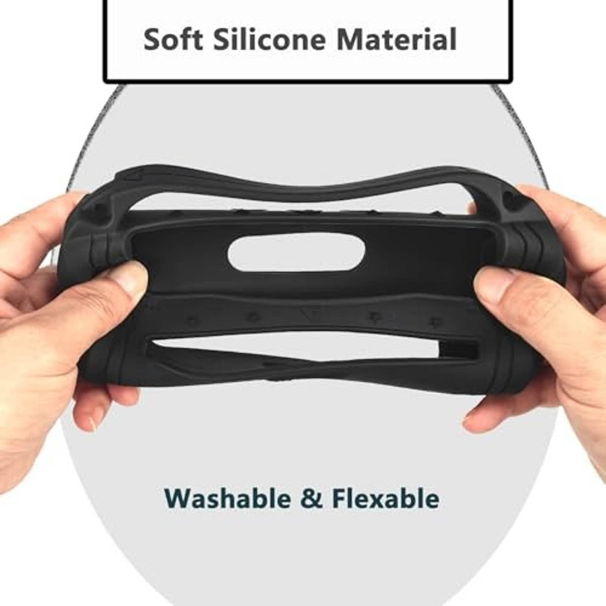 Hands holding black silicone speaker case with top carry handle cutout
