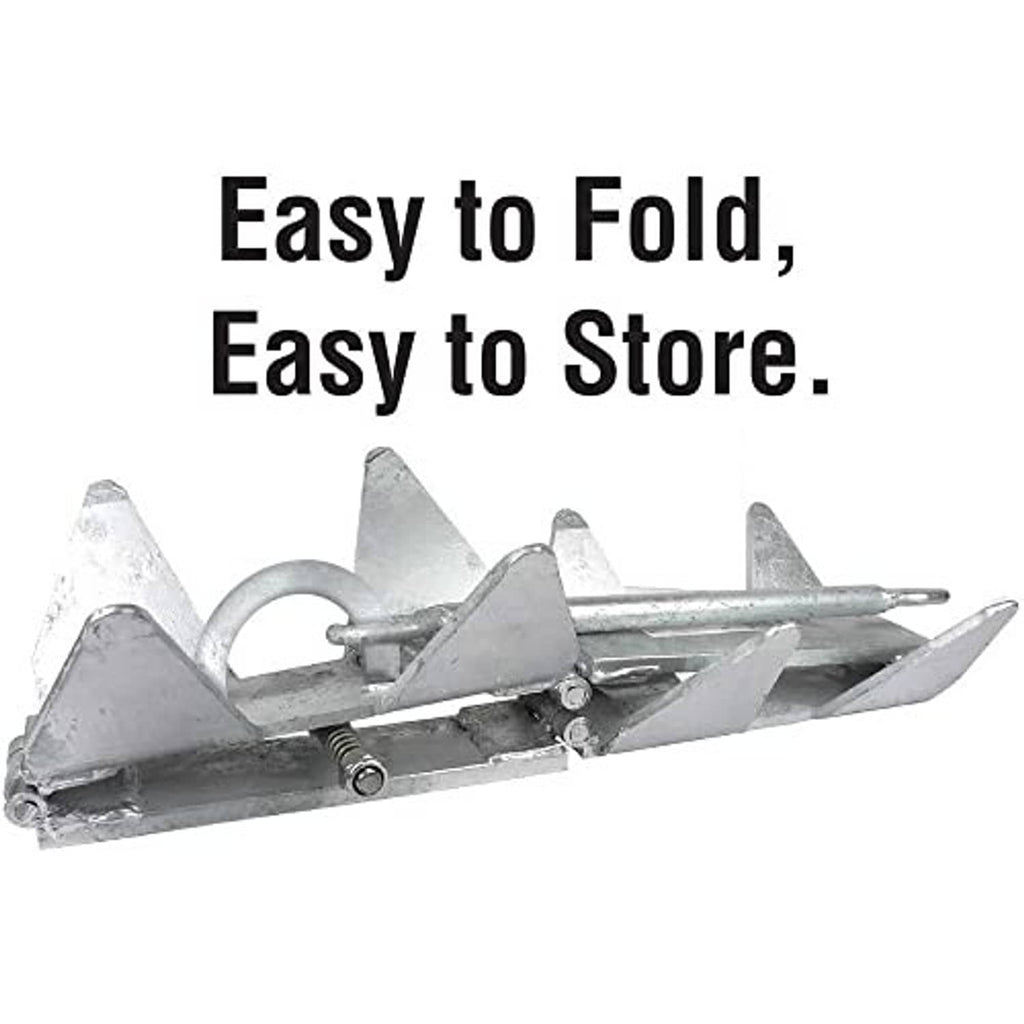 Fold-and-hold anchor in laid-out position with pointed flukes and central hinge bar