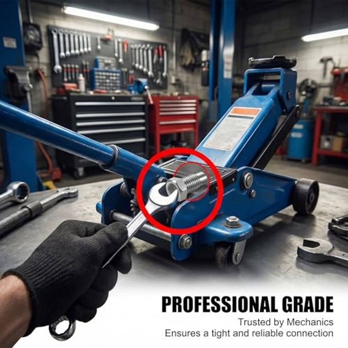 Floor jack handle bolt being tightened on a blue jack with wrench and gloved hand