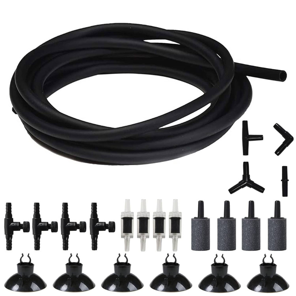 Aquarium airline tubing kit: coiled black flexible tube with multiple black connectors and diffusers