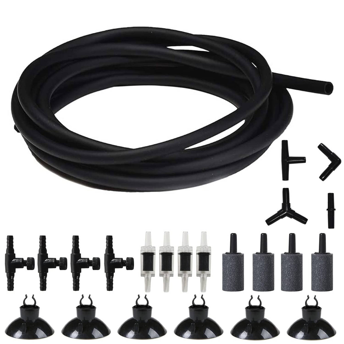 Aquarium airline tubing kit: coiled black flexible tube with multiple black connectors and diffusers