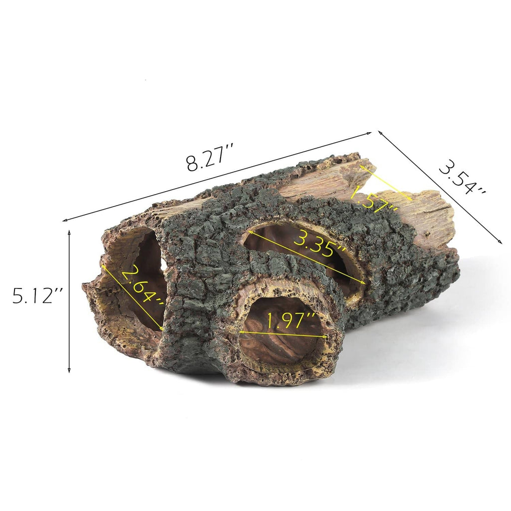 Aquarium log decoration with three visible tunnel entrances and hollow inner chambers