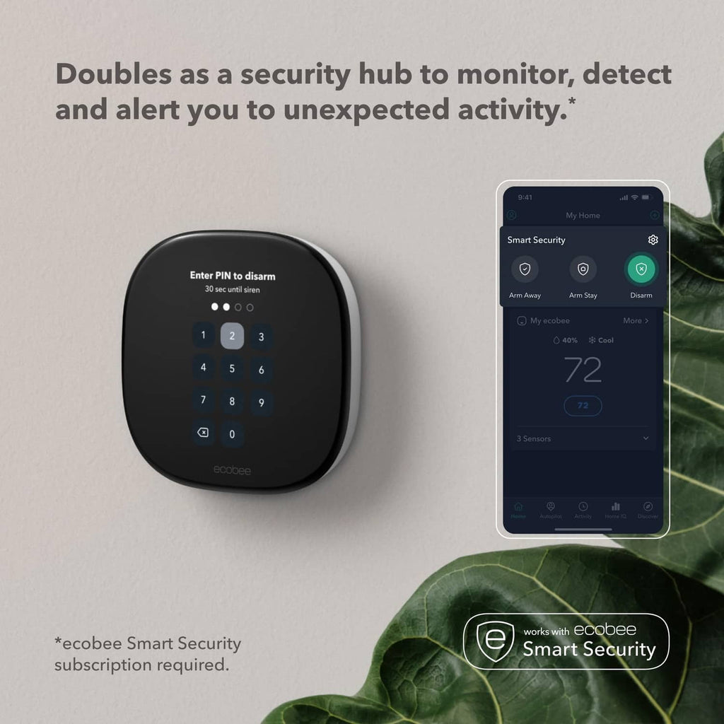 Black ecobee thermostat with PIN keypad and security app on a smartphone