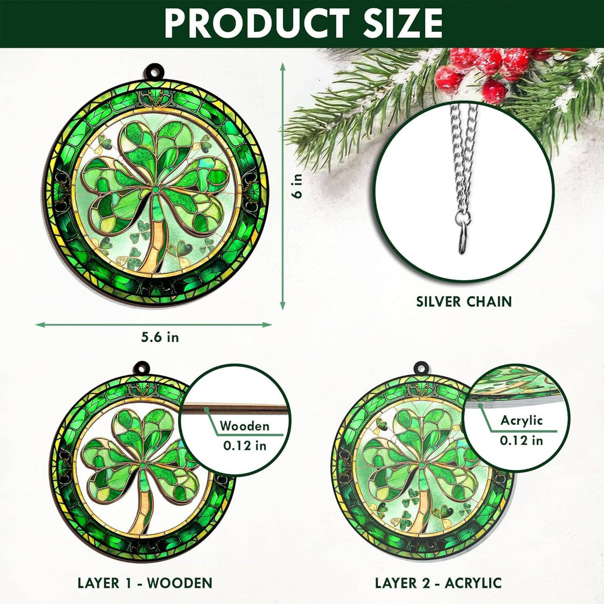 Green shamrock round suncatcher with silver chain; wooden and acrylic layered design
