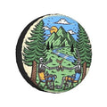 Round spare tire cover with black border and camping scene graphic, 15-inch fit