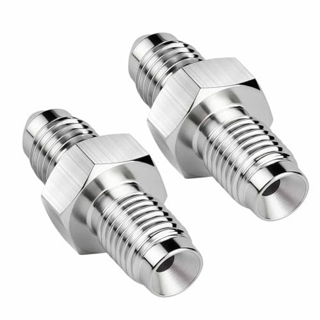 Two stainless steel AN inverted flare male fittings with hex nut ends and threads