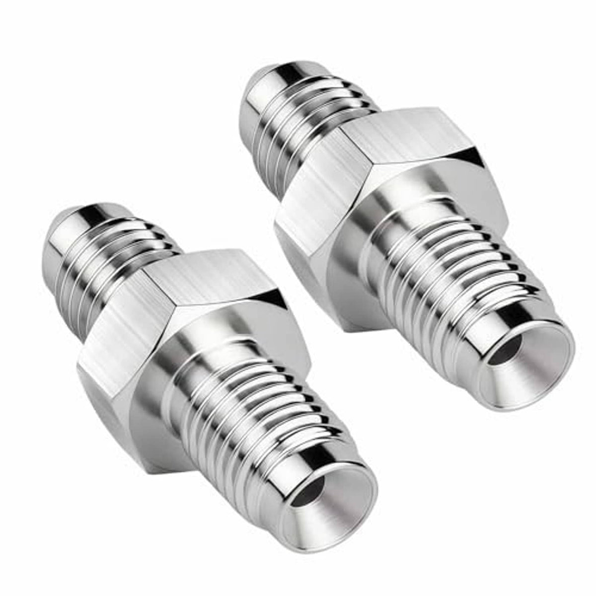 Two stainless steel AN inverted flare male fittings with hex nut ends and threads