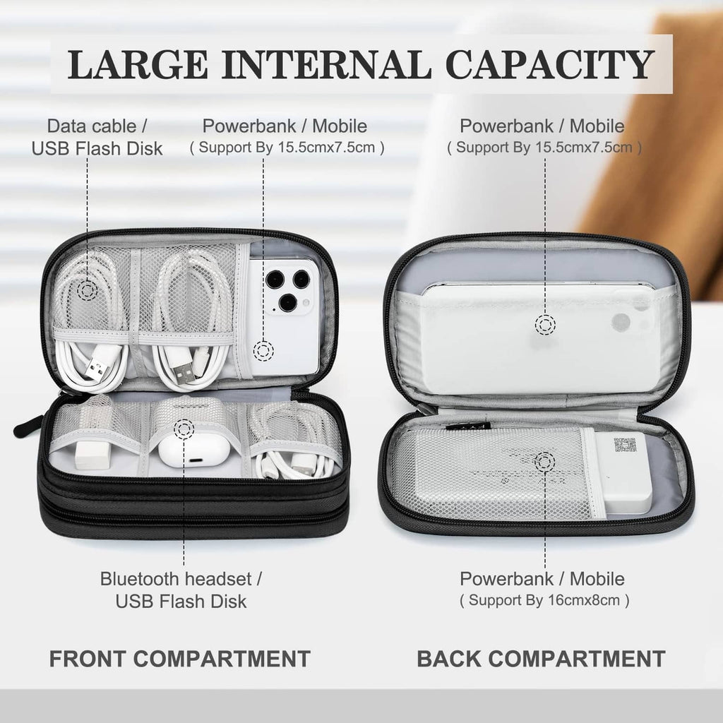 Black electronics organizer pouch with front and back compartments and mesh pockets