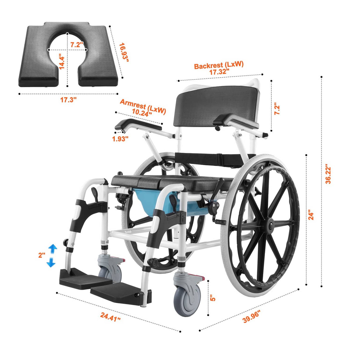 Shower wheelchair with dark gray seat and back, white frame, side view with front casters