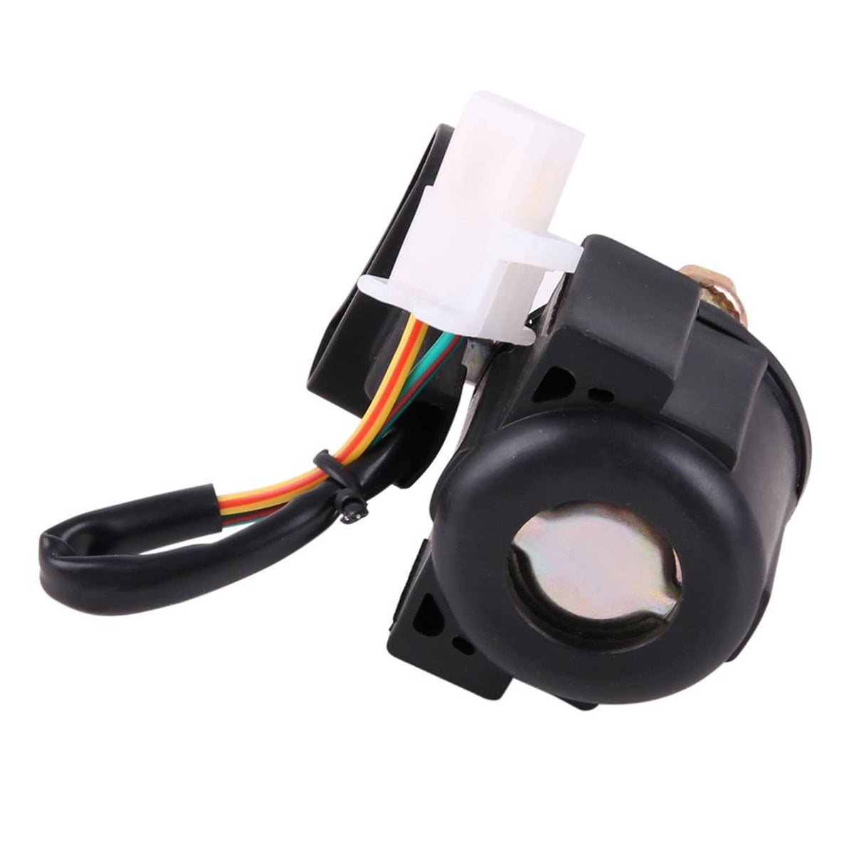 Black starter relay solenoid with white plug, multi-color wires, and round mounting ring