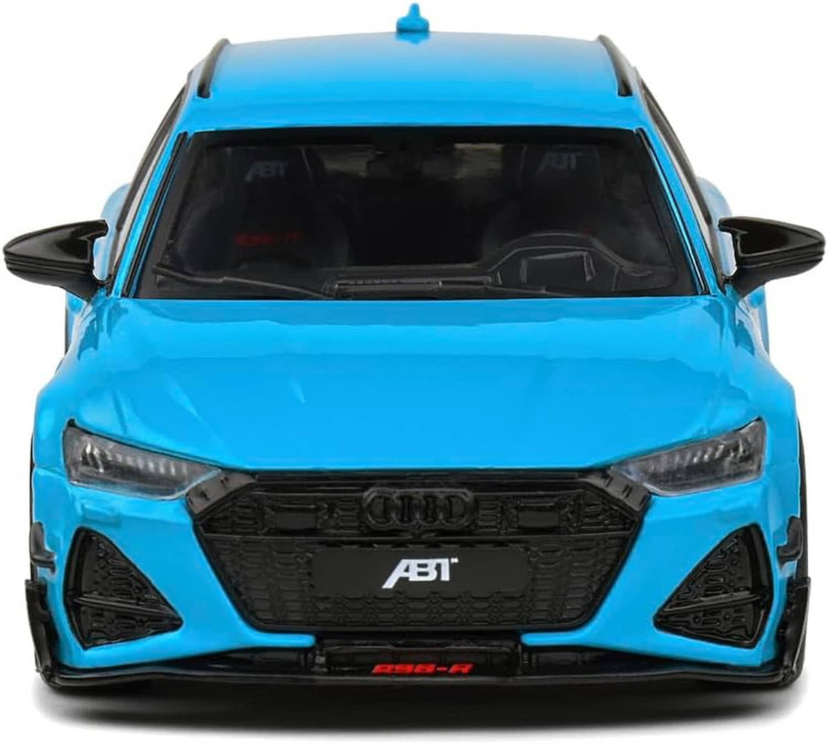 Blue ABT-tuned Audi RS6 die-cast model car, front close-up with grille and headlights