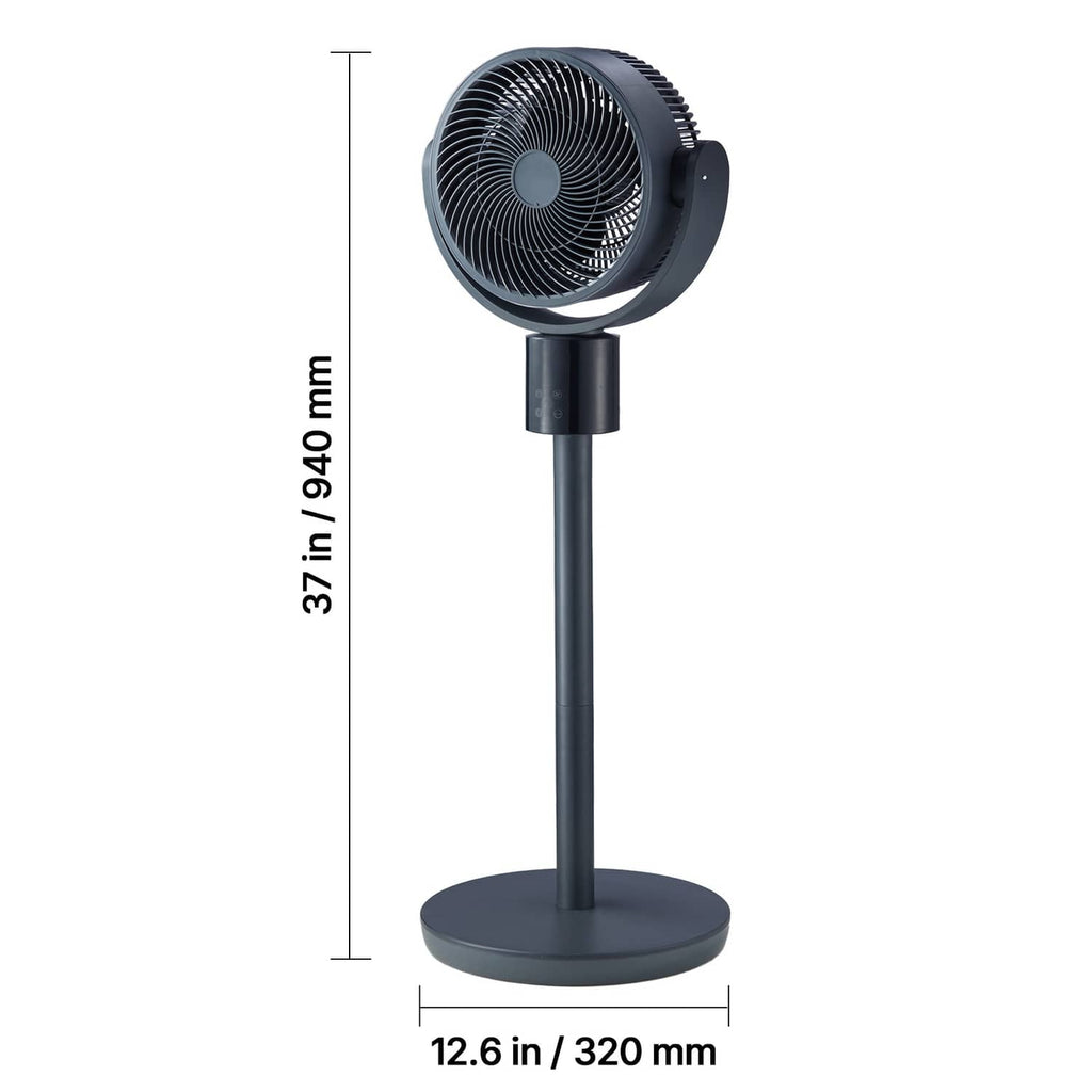 Dark blue-gray pedestal fan with round base, height measurement diagram