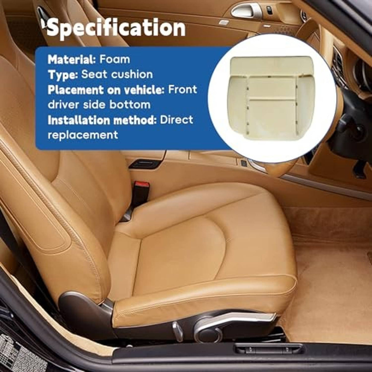 Light beige foam seat cushion for front driver-side bottom, close-up of support frame