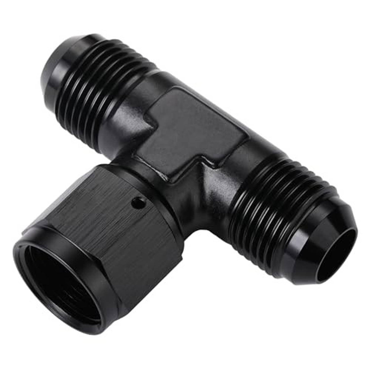 Black three-way AN flare tee fitting adapter with side swivel and threaded ends