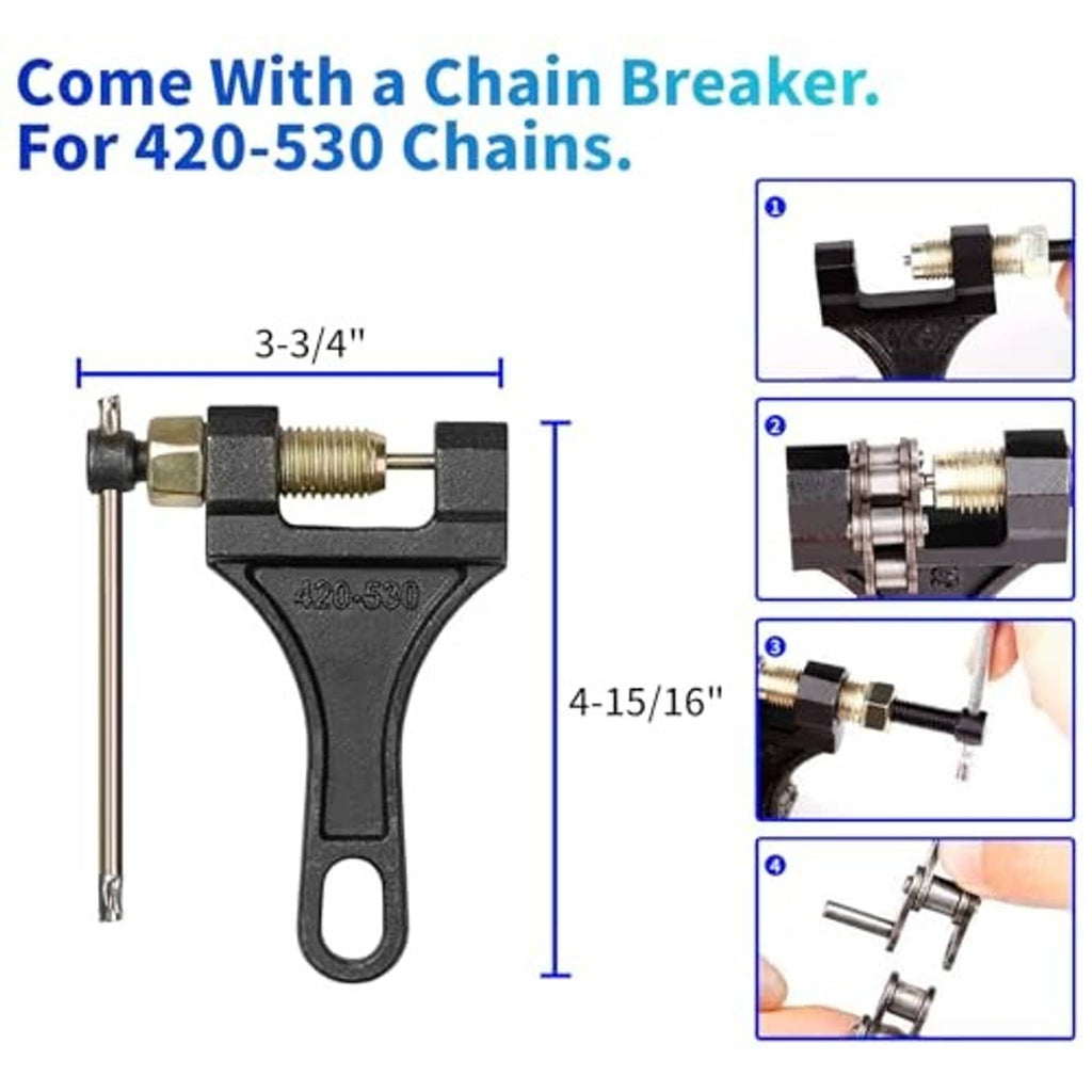 Chain breaker tool with long handle and threaded press, for 420-530 chains