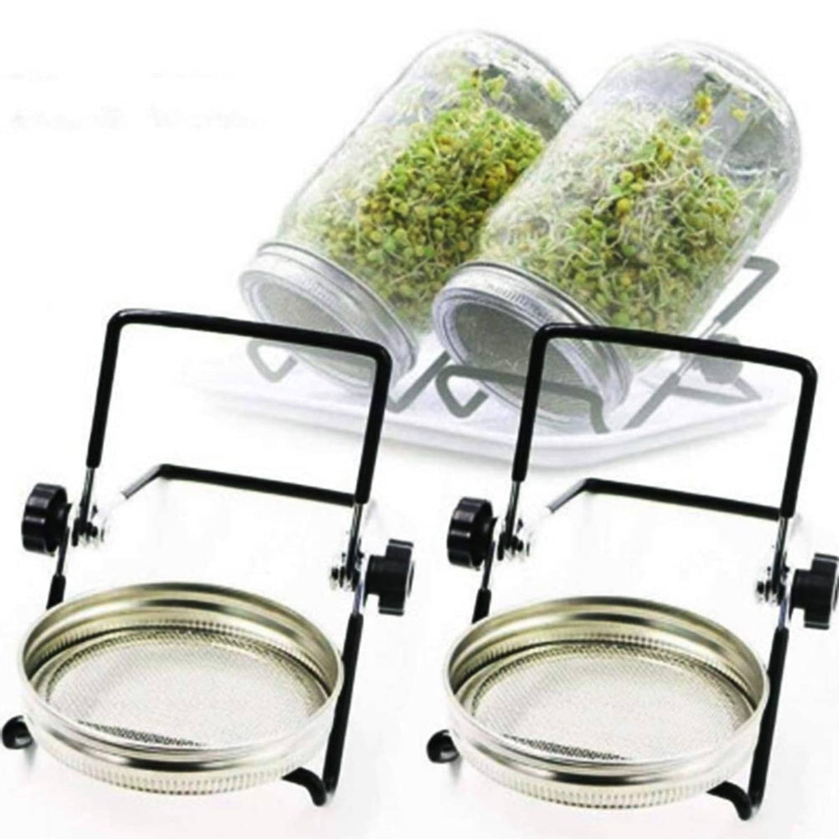 Stainless steel sprouting jar mesh lids with black stand mounts (2)