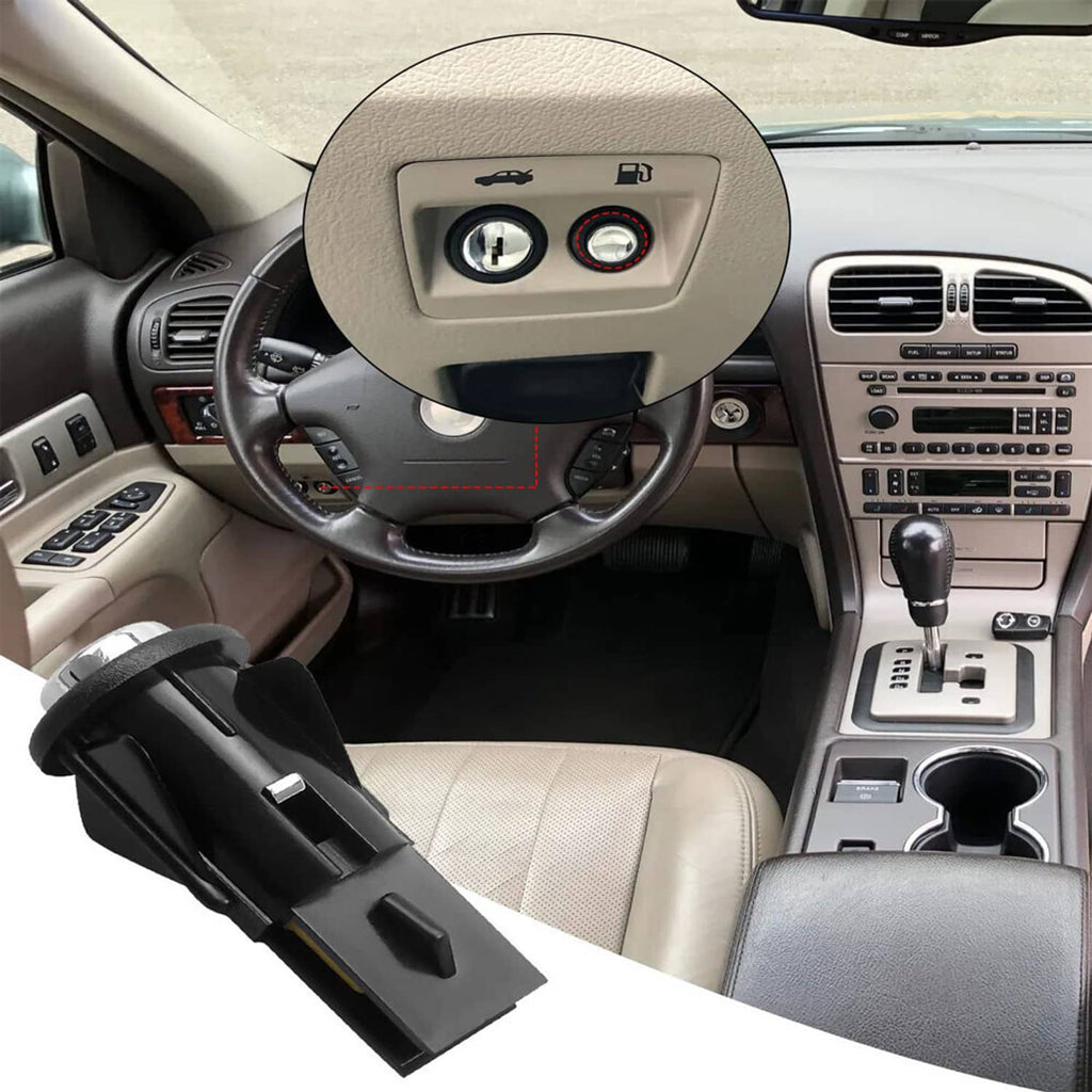 Black fuel door release switch with chrome button near interior panel