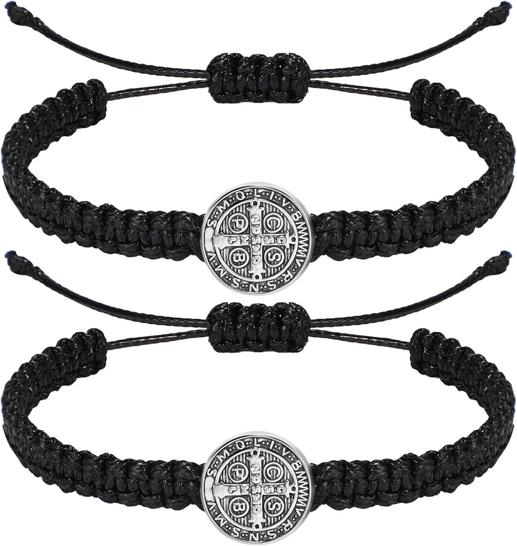 Two-pack black braided adjustable bracelets with silver Saint Benedict medal charms